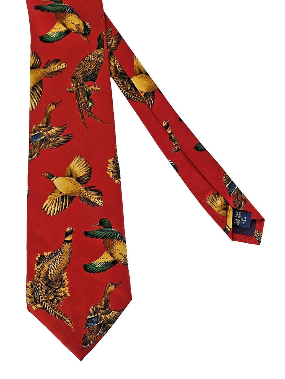 Vintage Huntington Flying Ducks Neck Tie Red Silk Mallard Hunter Hand Made US